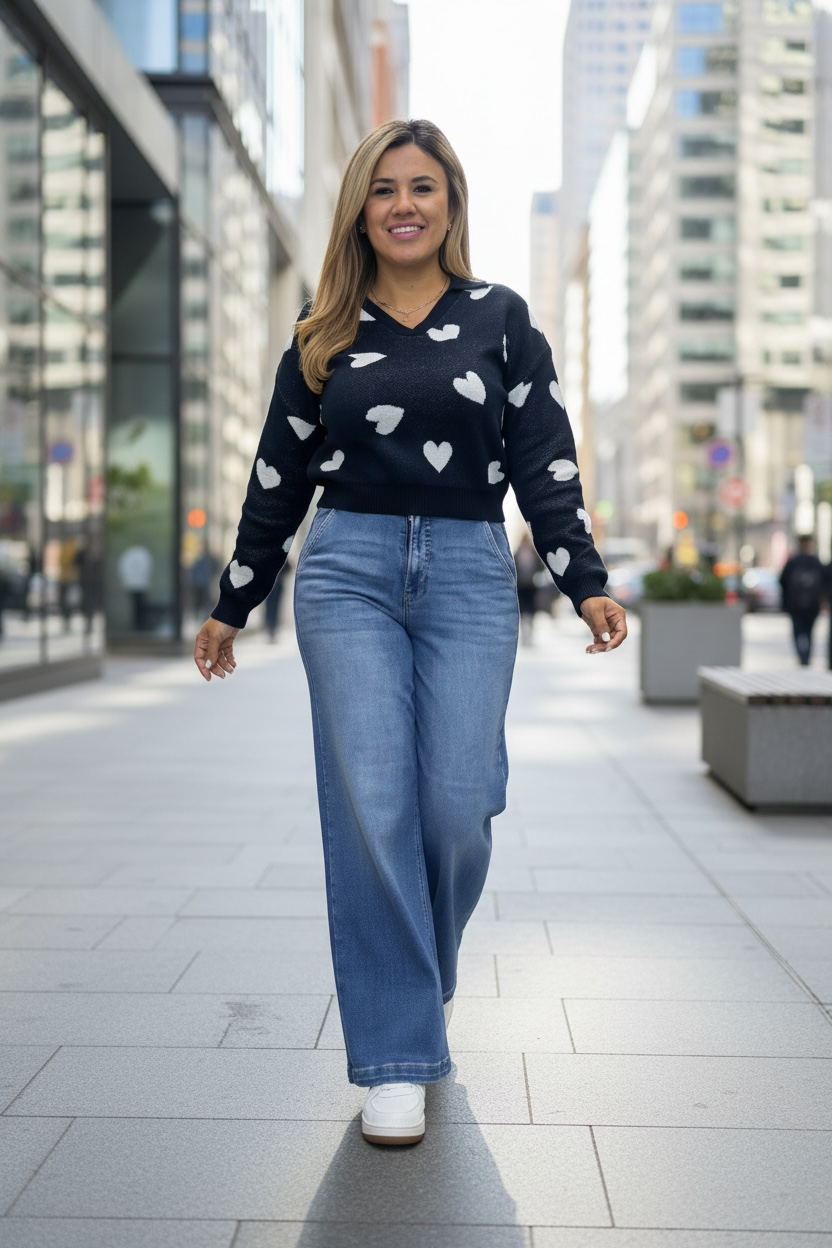 Suéter Negro Estampado Corazones Cuello Polo