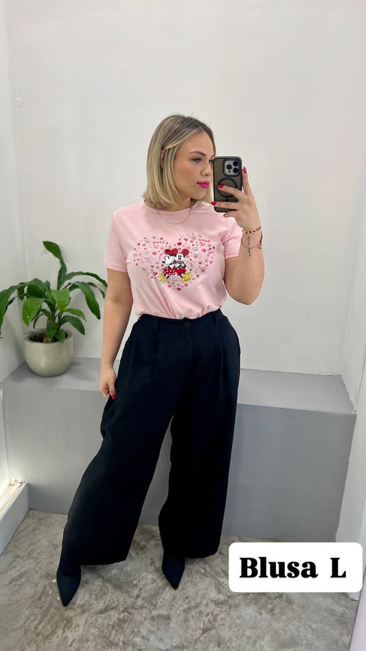 Blusa Manga Corta Rosa Estampado Corazon Mickey
