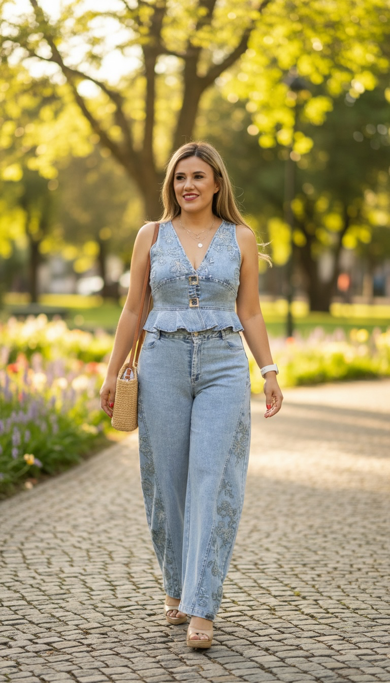 Conjunto de Mezclilla de Chaleco y Jeans con Bordados