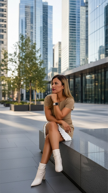 Vestido Beige de Pana con Aplicación Blanca de Tablones