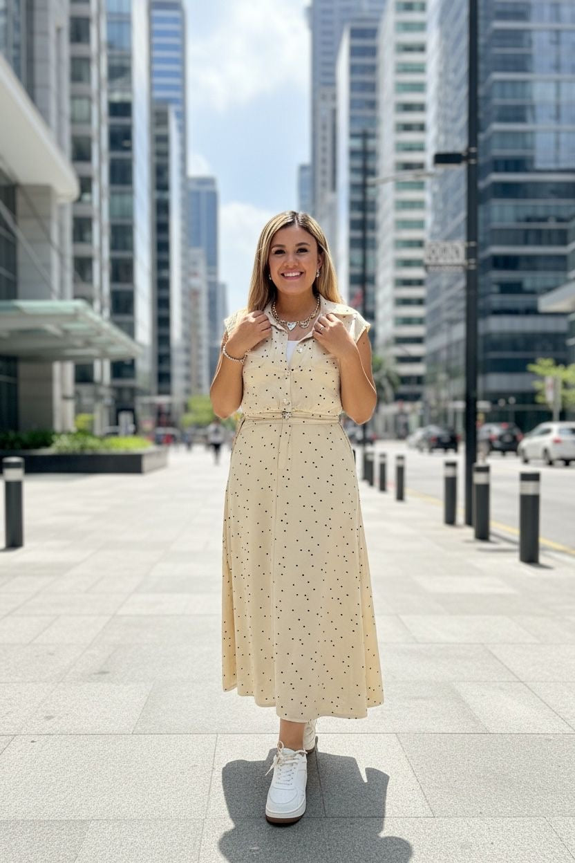 Conjunto Beige Claro de Blusa con Jaretas y Pantalón Con Estampado de Lunares