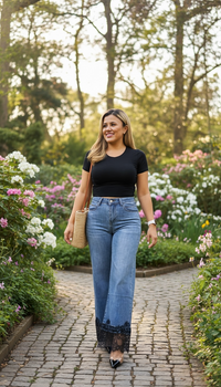 Jeans de Mezclilla con Encaje Negro en la Parte Inferior