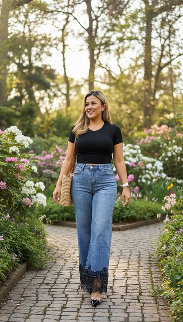 Jeans de Mezclilla con Encaje Negro en la Parte Inferior