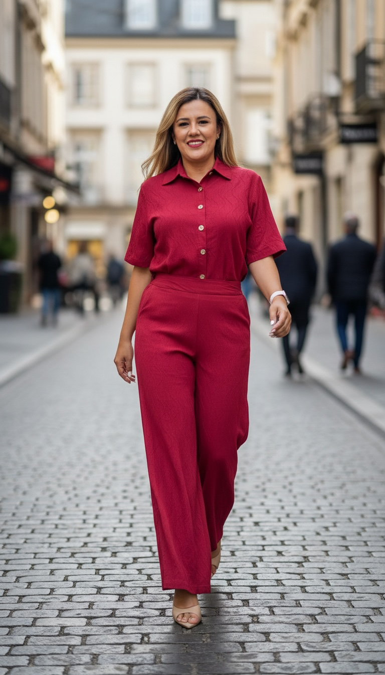 Conjunto Rojo de Blusa de Botones de Manga Corta con Pantalón Casual