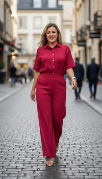Conjunto Rojo de Blusa de Botones de Manga Corta con Pantalón Casual