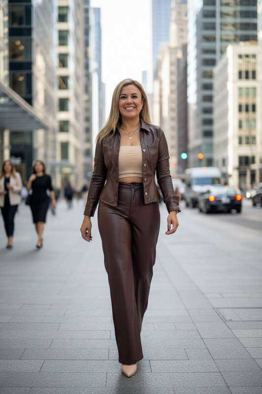 Blusa Café de Vinipiel de Manga Larga