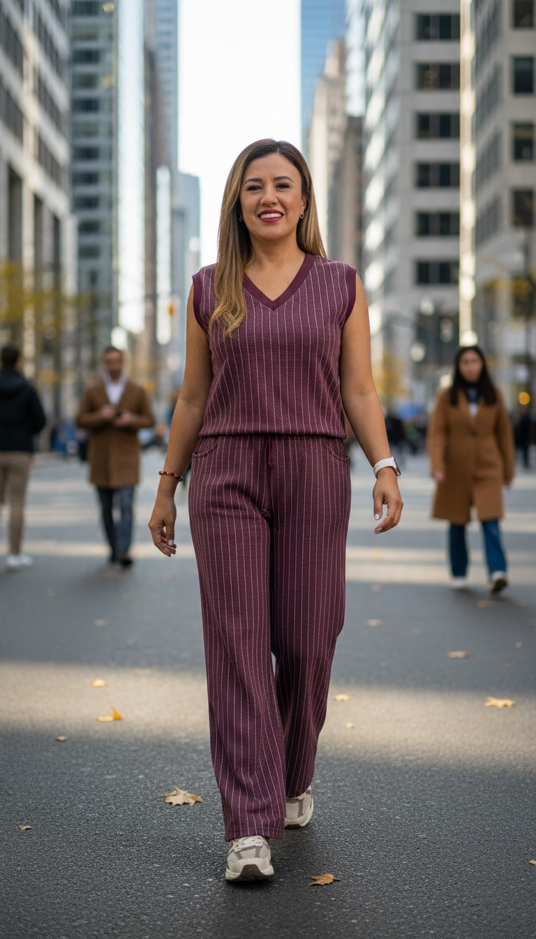 Conjunto de Chaleco Cuello V y Pants Guindos Estampados a Rayas