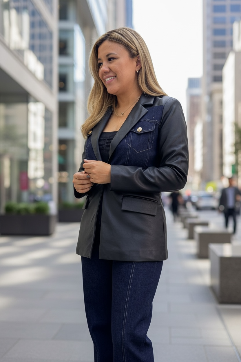 Conjunto de Blazer de Mezclilla con Vinipiel y Jeans de Mezclilla