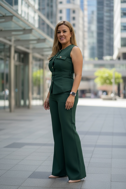 Conjunto Casual Verde de Chaleco y Pantalón