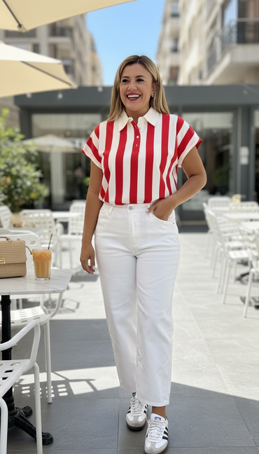 Blusa Tipo Polo A Rayas Rojo con Blanco