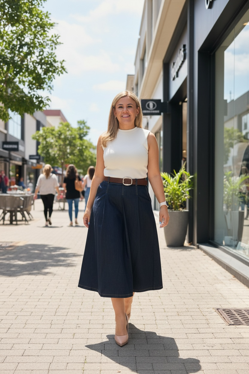 Vestido con Cinto Mixto de Mezclilla con Blusa Beige