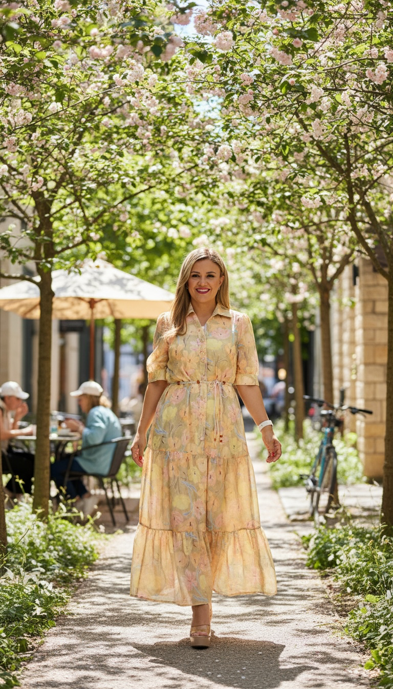 Vestido Amarillo de Gasa con Forro, Estampado de Hojas de Colores