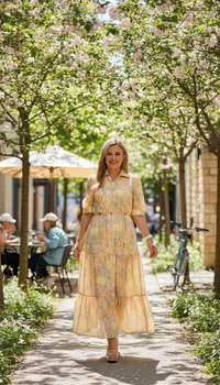 Vestido Amarillo de Gasa con Forro, Estampado de Hojas de Colores