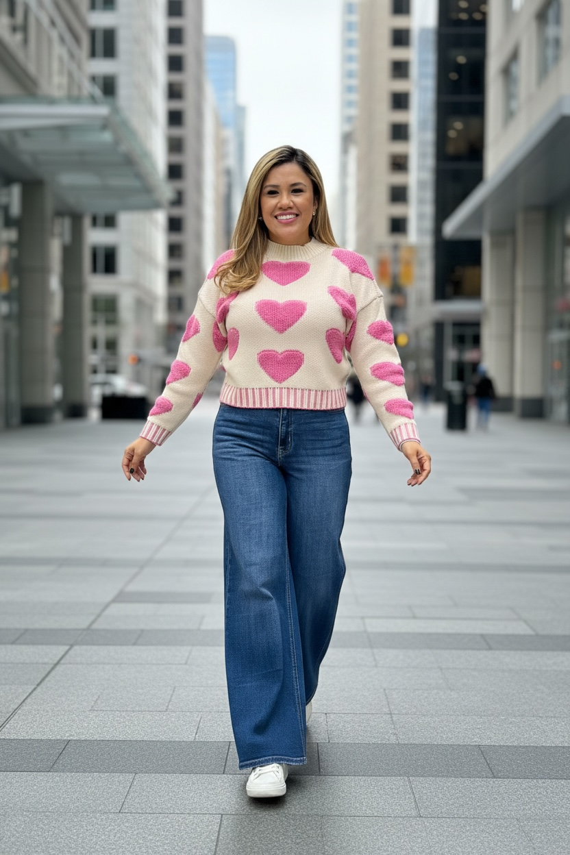 Suéter Ivory con Corazones Tejidos en Rosa