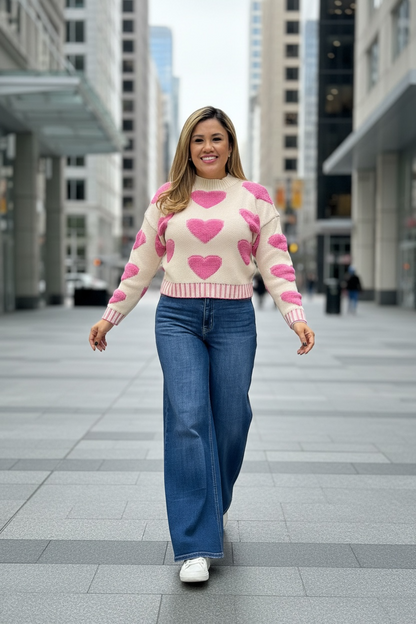 Suéter Ivory con Corazones Tejidos en Rosa