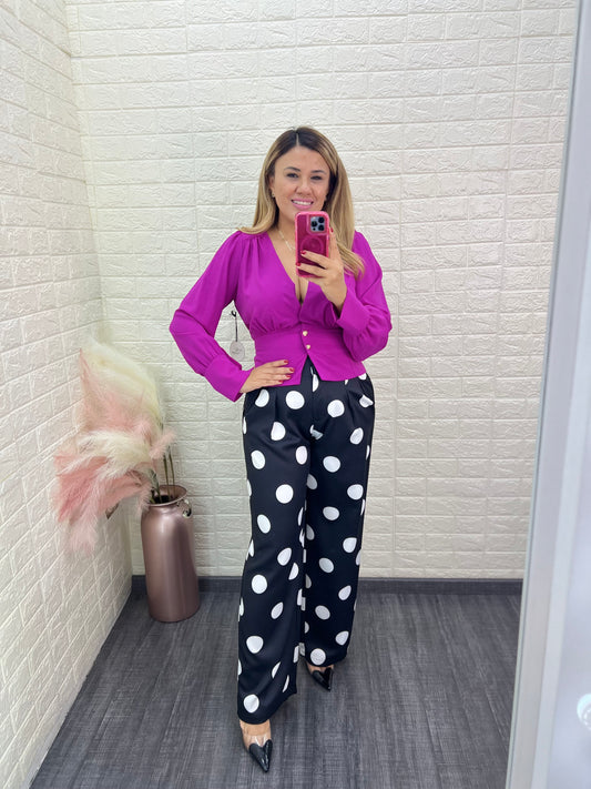 Blusa Magenta Casual de Manga Larga Cuello Cruzado