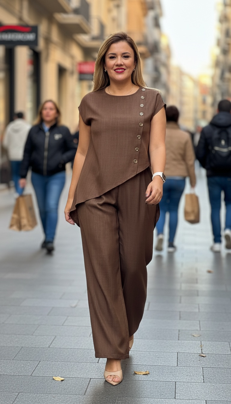 Set Café de Blusa con Botones Decorativos y Pantalón con Cintura Elástica