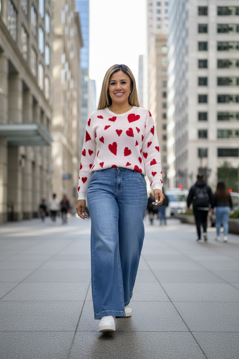 Suéter Blanco Cuello V Estampado Corazones Rojos