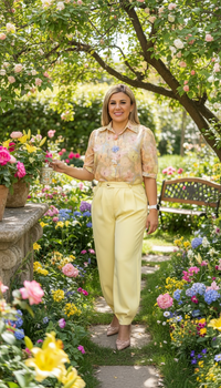 Blusa Amarillo Obscuro Estampado de Flores con Botones Decorativos