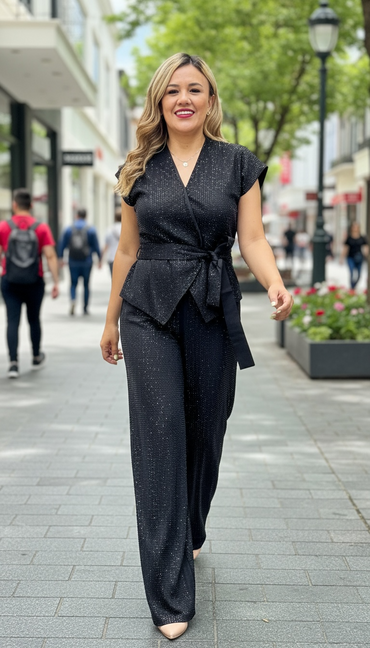 Conjunto Negro Blusa y Pantalón con Aplicaciones de Brillos