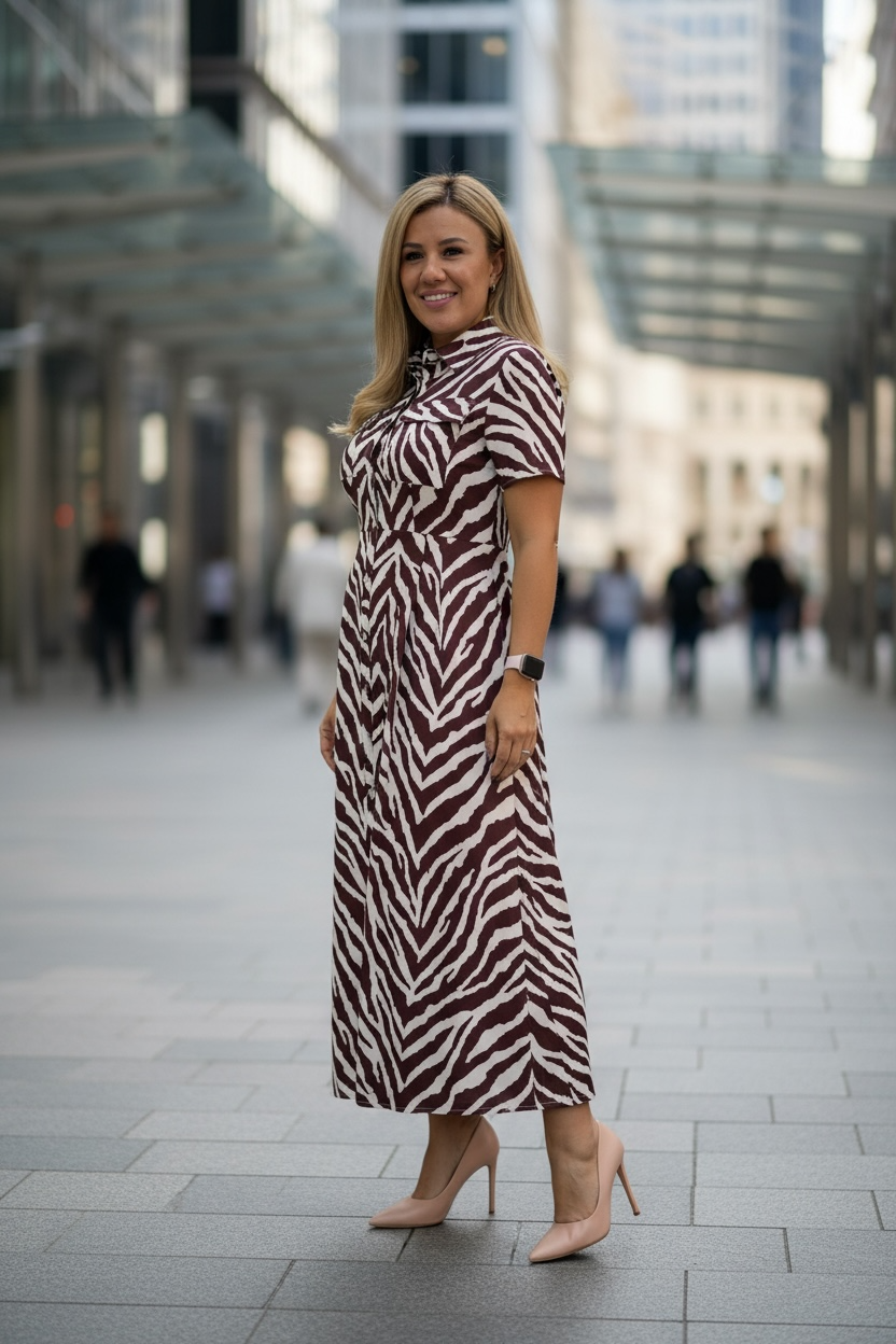 Vestido Largo de Botones Estampado Zebra Print en Café