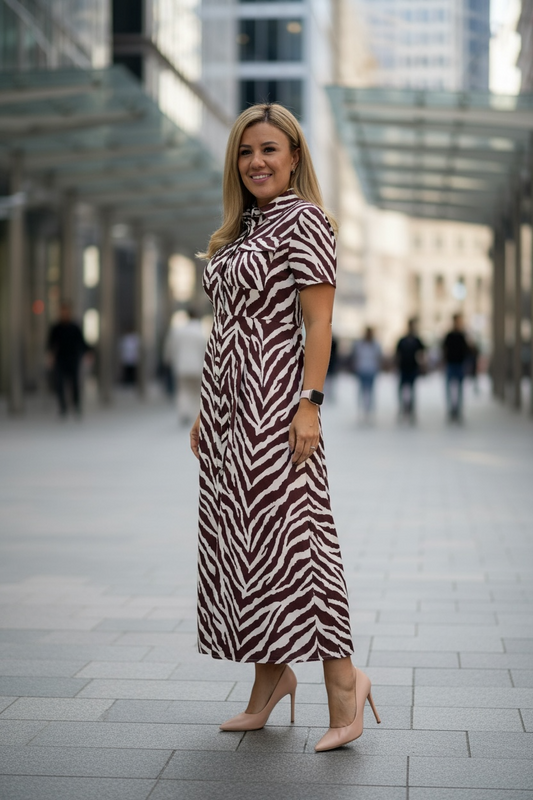 Vestido Largo de Botones Estampado Zebra Print en Café