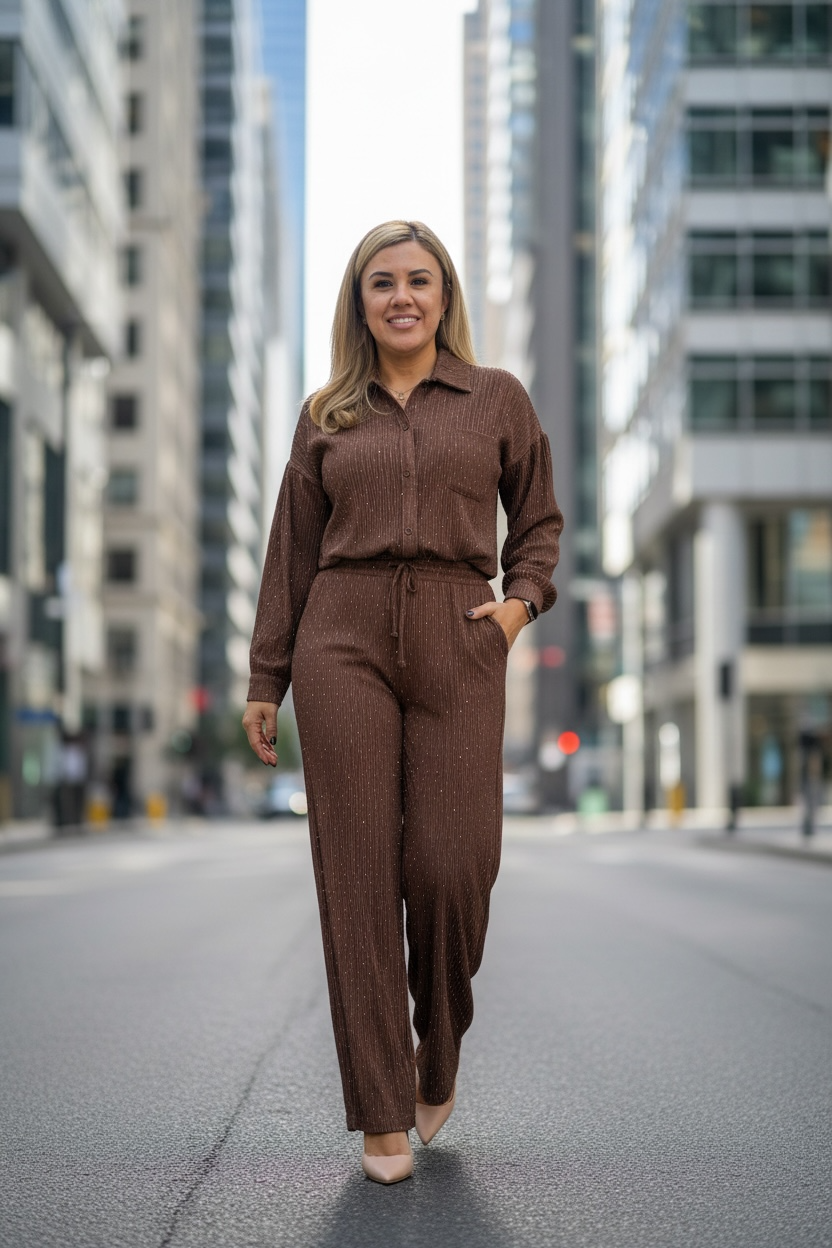 Conjunto Café de Blusa y Pants con Aplicación de Brillos