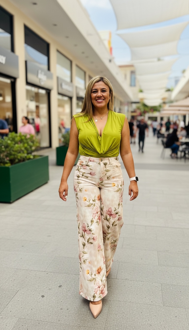 Jeans de Mezclilla Beige Estampado Floral