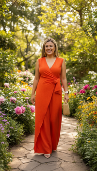 Jumpsuit Naranja de Cuello Cruzado con Cintillo y Nudo al Frente