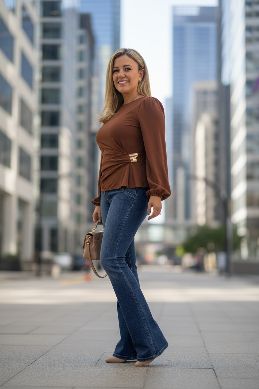 BlusaColor Café Corte  Casual de Manga Larga