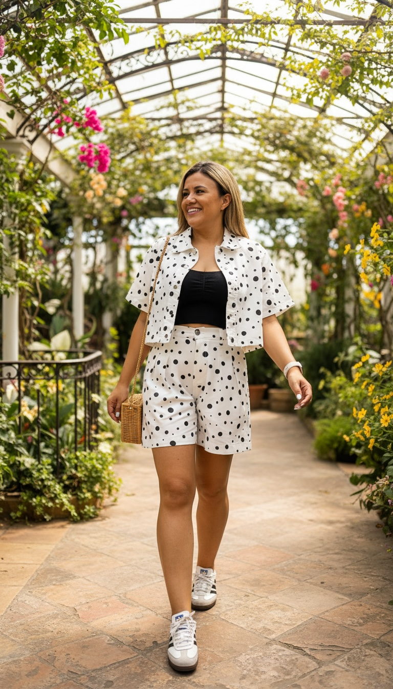 Conjunto de Mezclilla Blanco Polka Dots Negro de Blusa y Short