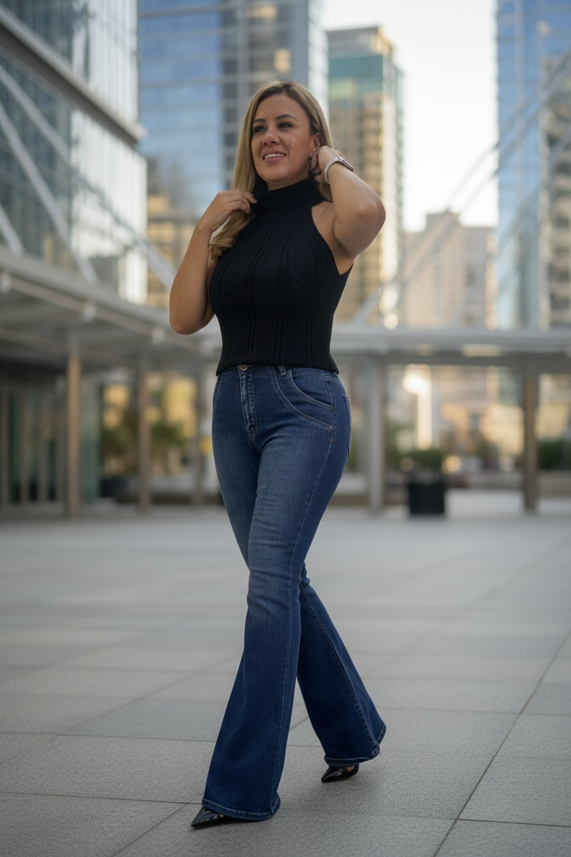 Jeans de Mezclilla con Cintillo Corte High Rise