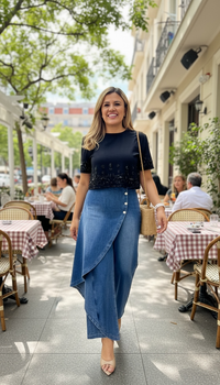 Blusa Negra de Manga Corta con Aplicaciones de Piedras