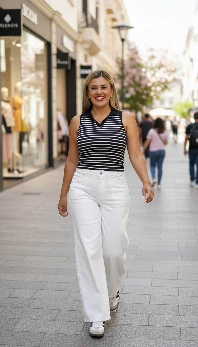 Blusa de Resaque Cuello Polo Negra con Rayas Blancas