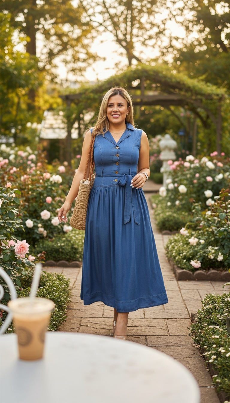 Vestido Azul Mezclilla sin Mangas con Cierre de Botones