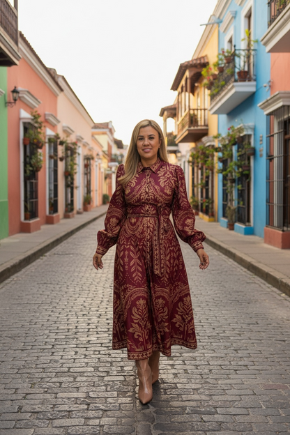 Vestido Rojo Ladrillo de Manga Larga Estampado Hojas