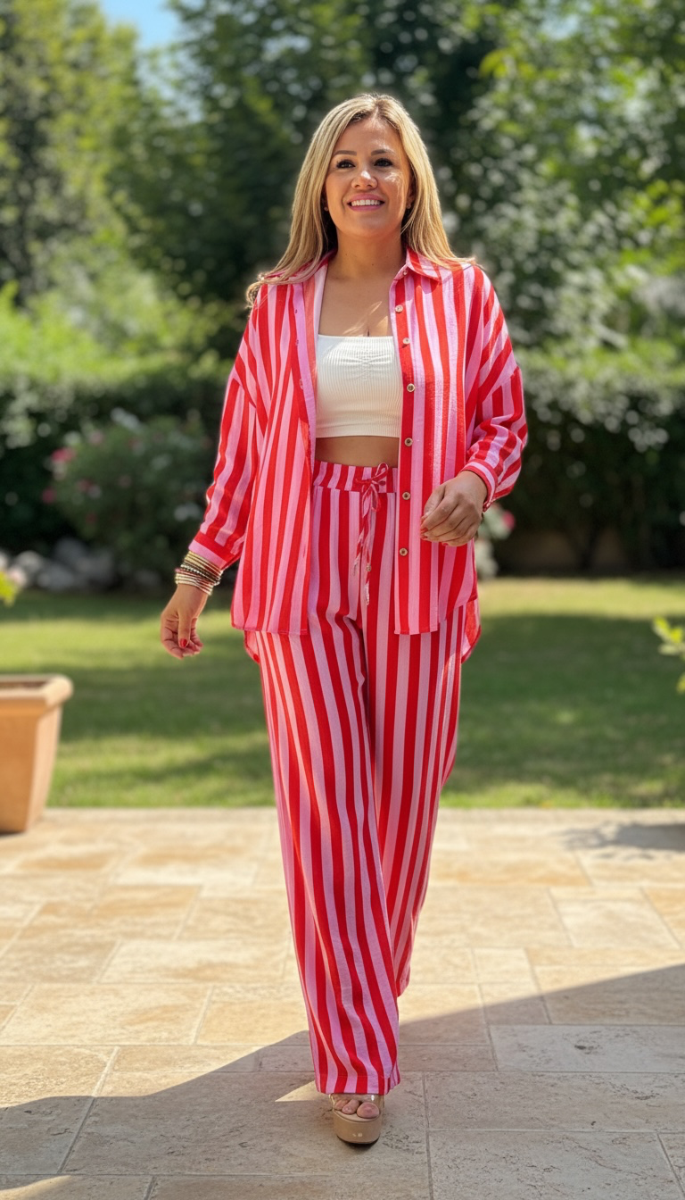 Conjunto Estampado a Rayas Rojo/Rosa Blusa y Pantalón