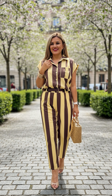 Set de Blusa y Pantalón Estampados a Rayas Café y Amarillo