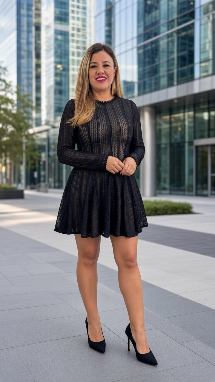 Vestido Negro Tejido de Manga Larga con Forro Color Beige