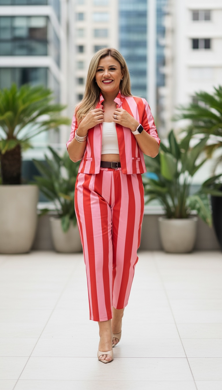 Set de Blusa y Pantalón Estampados a Rayas Rosa y Rojo