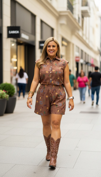 Conjunto Café de Blusa de Resaque y Short Estampados