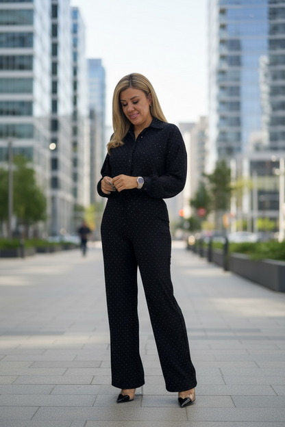 Conjunto Negro de Blusa y Pants con Aplicación de Brillos