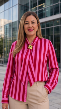 Camisa de Manga Larga Estampado a Rayas Rojo con Rosa con Hebilla Dorada de Ojo Turco