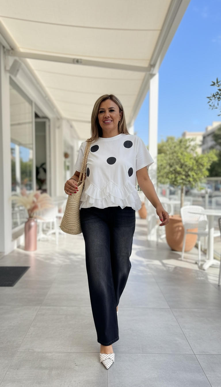 Blusa Blanca con Olanes Estampado Polka Dots