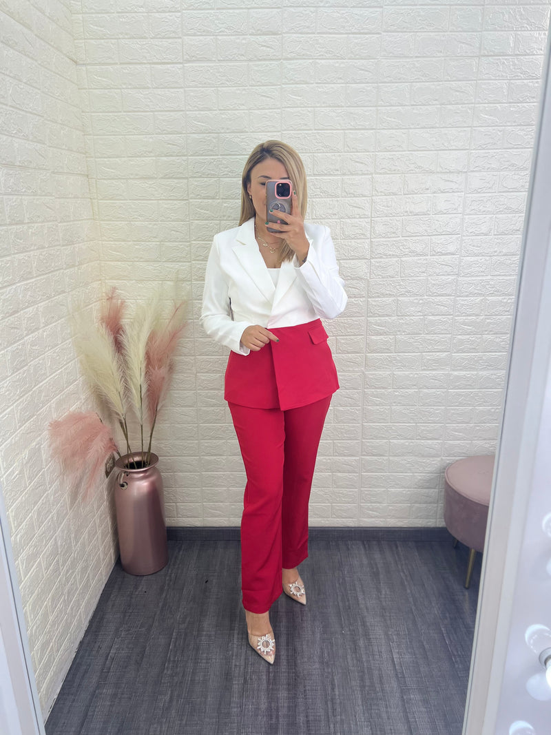 Conjunto de Blazer Blanco con Rojo y Pantalón Casual Rojo