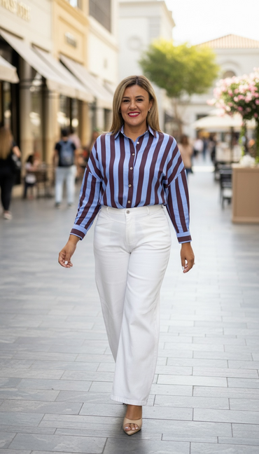 Blusa Rayada de Manga Larga Azul con Café
