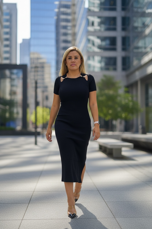 Vestido Negro en Tela de con Textura Rayada con Broches Dorados al Frente