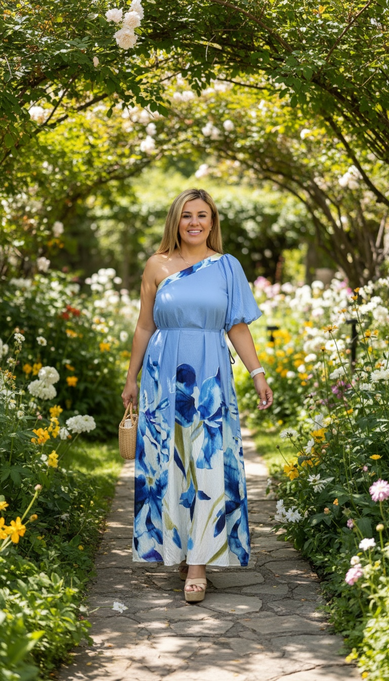 Vestido Largo a Una Manga Color Azul con Estampado de Hojas y Cintillo