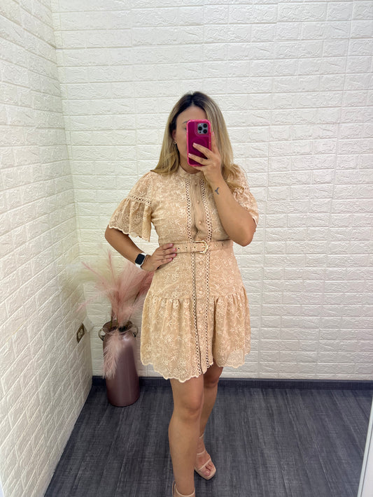 Vestido Color Khaki con Bordado y Cinto