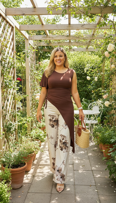 Jeans de Mezclilla Beige Corte Relaxed con Estampado de Flores